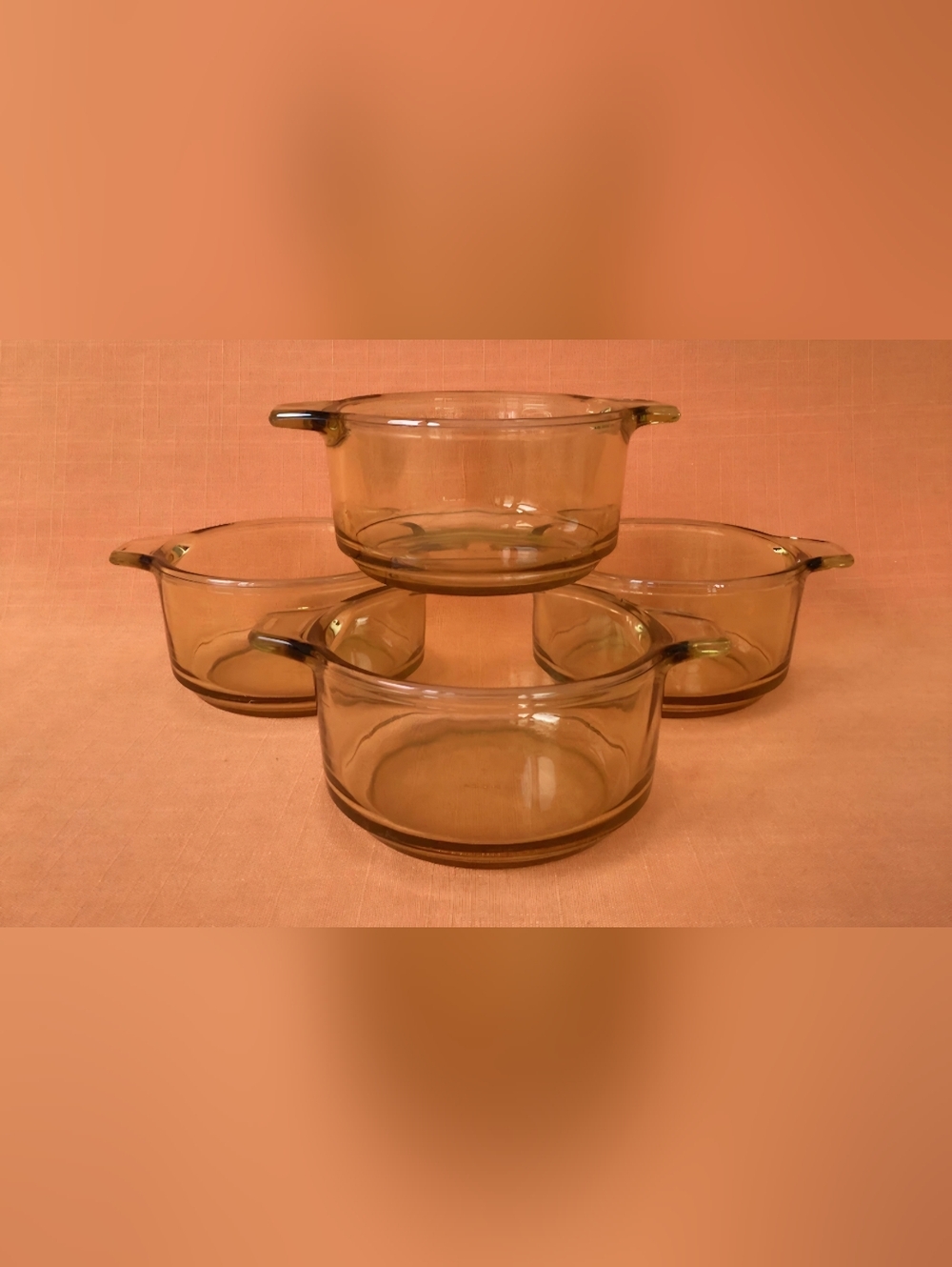 1970s Amber Glass Soup Bowls with Handles Retro Pyr-O-Rey (Set of 4)